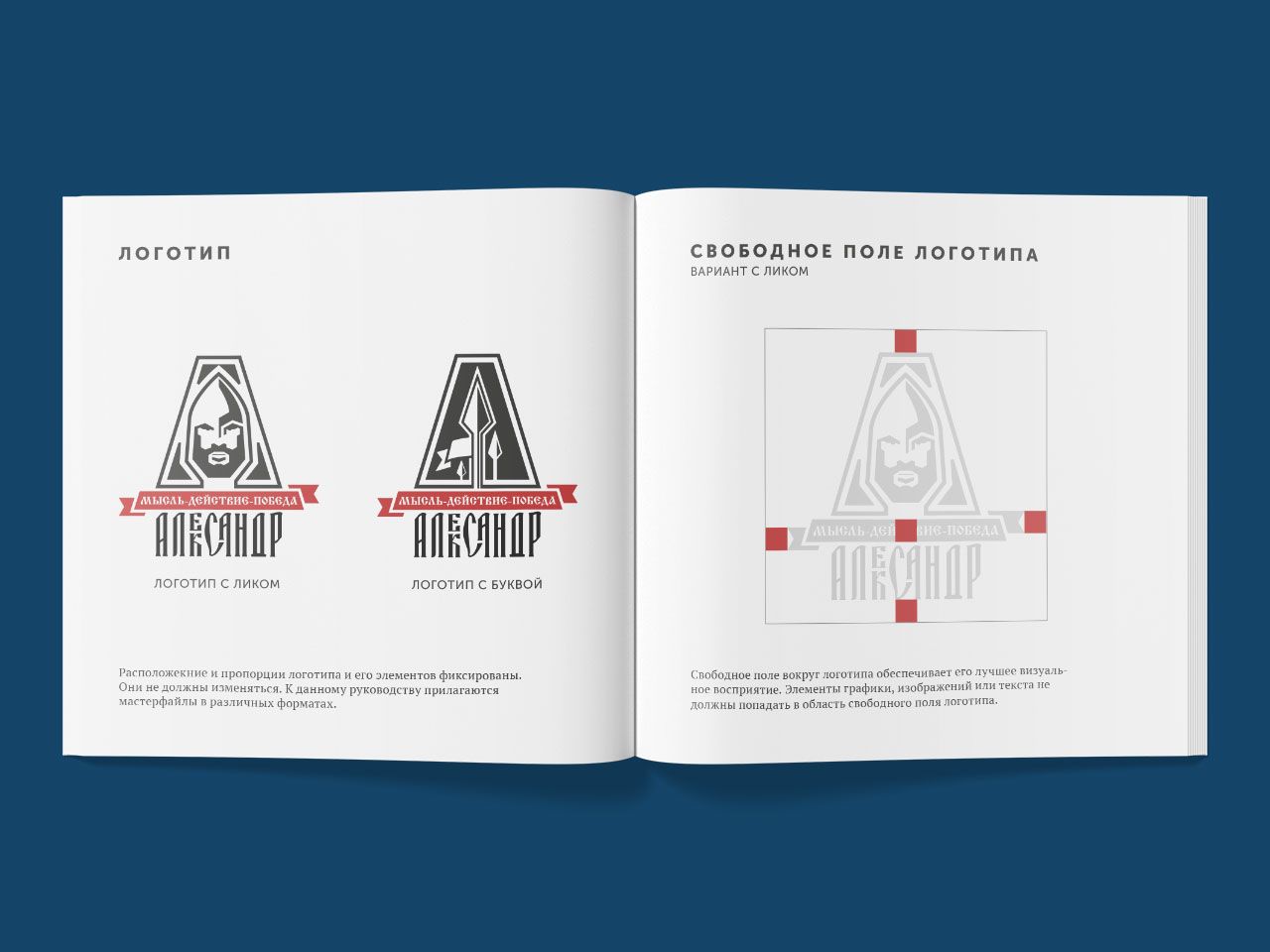 Разворот брендбука с основными цветами логотипа клуба «Александр»